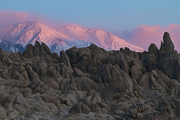 Winter landscape at dawn, Eastern Sierra Nevada Mountains and Alabama Hills, Lone Pine, California, USA