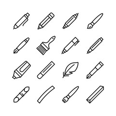 Tools for drawing, calligraphy, lettering, sketching flat line icon set. Paintbrush, pen, pencil, feather, marker, felt pen, charcoal, crayon, chalk, bamboo. Editable strokes. Vector illustration.