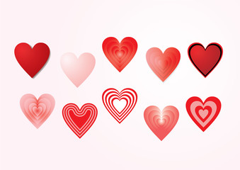 Set of various red and pink heart shapes. Vector.