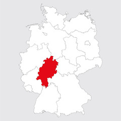 Hesse province highlighted on germany map. Gray background. German political map.