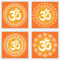 Set of Indian mantra om with floral ornament on orange background. Vector - obrazy, fototapety, plakaty