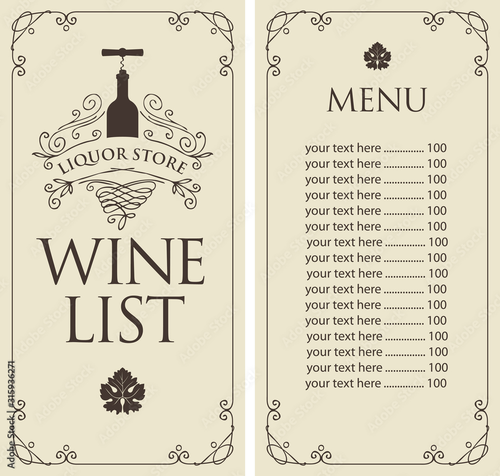 Poster vector wine list with price list, bottle and corkscrew in retro style. wine menu for liquor store in