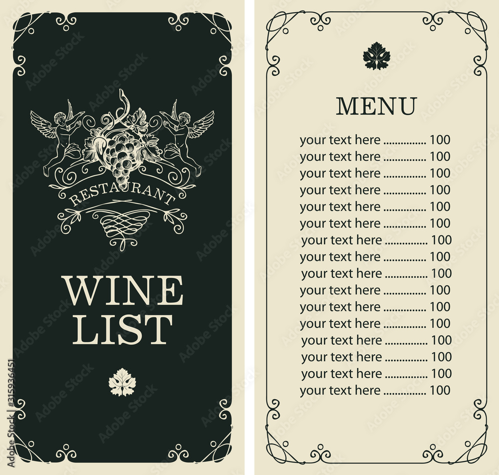Poster vector wine list with vignette, angels, grapes and price list in frame with curls in vintage style. 