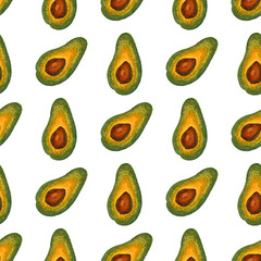 Halved green avocado. Hand-drawn seamless pattern on a white background