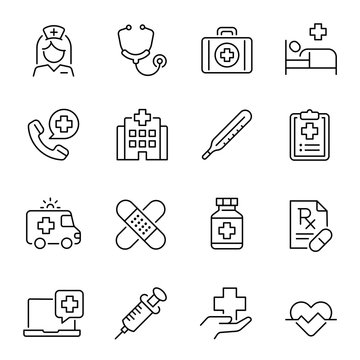 Healthcare industry, medicine linear vector icons set