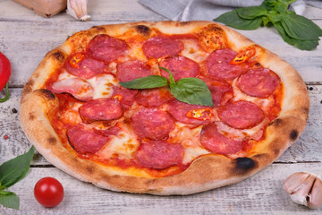 pizza with salami and cheese