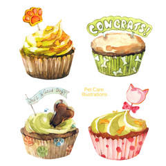 Set of cupcakes for pets isolated on white. Pet care. Sweet painting. Watercolor illusytrations.