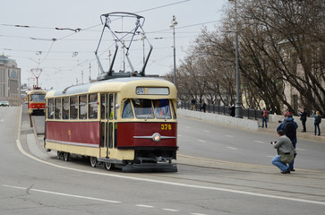 Fototapeta na wymiar Parade of retro trams in Moscow