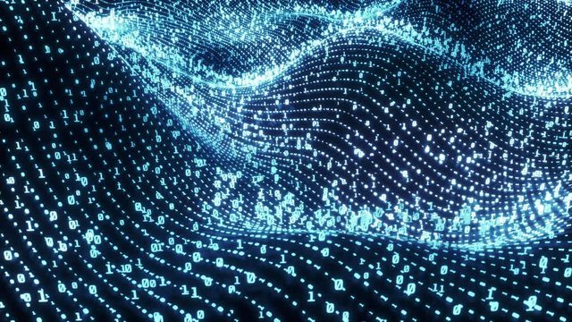 Digital wavy landscape with binary code moving, glowing neon style, binary data background, blue color, seamless loop animation