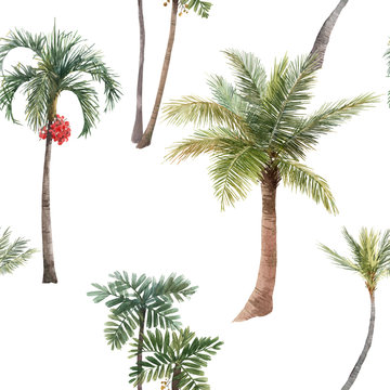 Beautiful seamless pattern with watercolor hand drawn tropical jungle palms. Stock illustration.