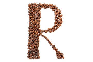 Coffee beans. Letter R made from coffee beans on a white background. Brown