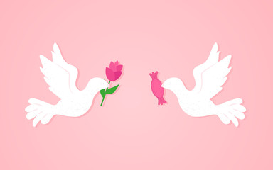Doves with flower and candy vector illustration on a pink background