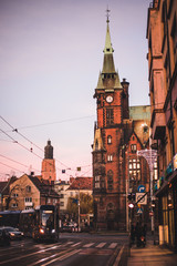 Fototapeta na wymiar town old buildings tram in wroclaw at night