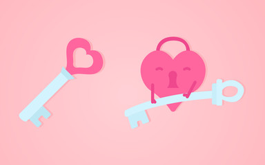 Heart lock with key vector illustration on a pink background