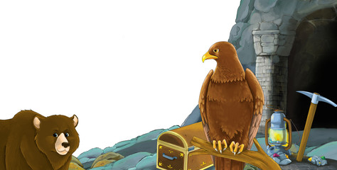 cartoon scene with animals bear and eagle near the mining cave - with frame for text  - illustration for children