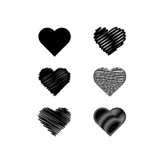 Set of heart flat vector icons isolated on a white background.Hearts with scribble effect.