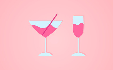 Martini glass and wine glass vector illustration on a pink background