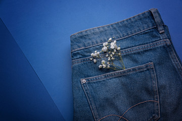 Twig of gypsophila flowers on a pocket of blue jeans. Fashion and shopping concept.