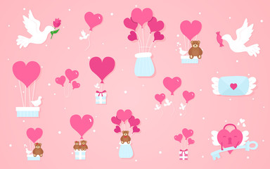 Valentine's Day elements, hearts, pigeons, teddy bears, etc. Vector illustration on a pink background