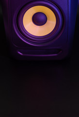 Vertical close-up shot of a studio speaker with stage lighting, copy-paste, isolated on black background, music concept