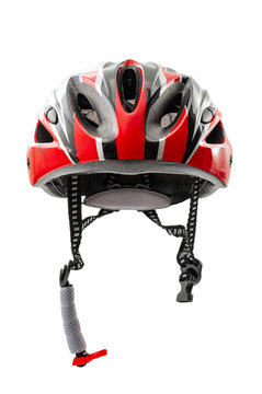 Injury prevention protective cycling  gear and bicycle safety equipment concept with bike helmet isolated on white background with clipping path cutout using the ghost mannequin technique