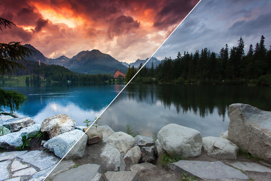 Beautiful mountain lake in National Park High Tatra. Images before and after.