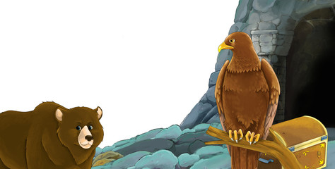 cartoon scene with bear with bird eagle with entrance to the mine with bird eagle on white background with space for text - illustration for children