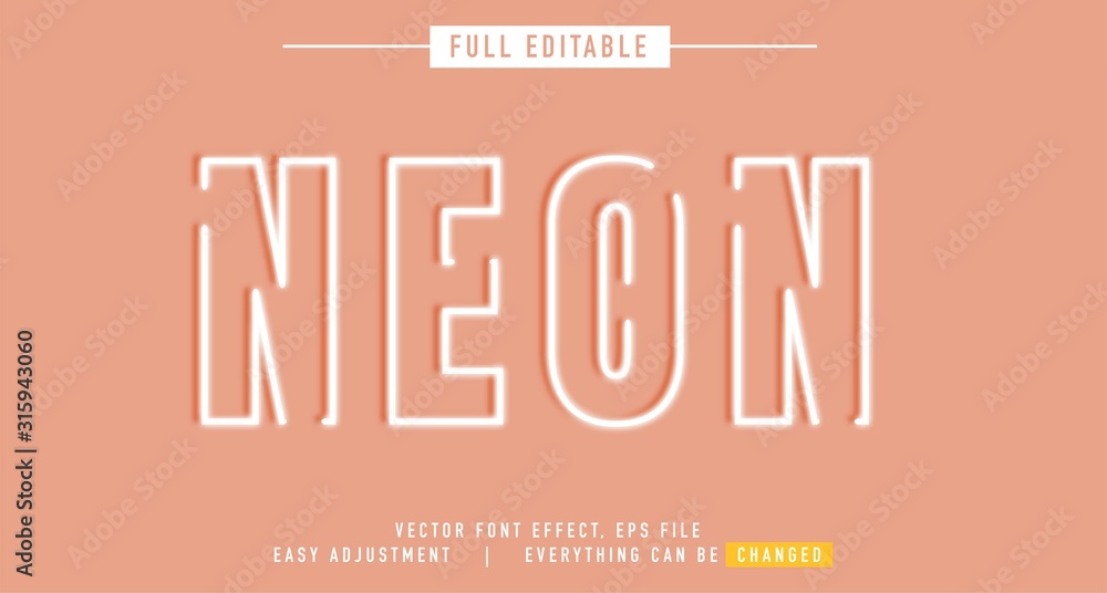 Fototapete neon text effect design editable vector, easy to change as needed, luminous outside has a shadow beh