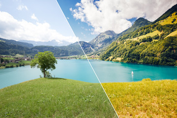 Great panorama of the town Lungern. Images before and after.