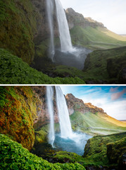 Perfect view of famous powerful Seljalandfoss waterfall. Images before and after.