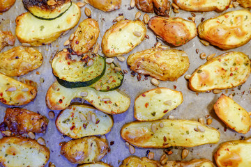 Stockholm, Sweden Grilled potatoes,  zucchini, with salt, oil, and sunflower seeds.