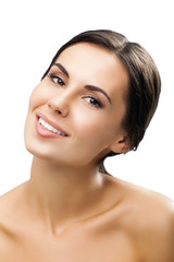 Obraz premium Portrait of happy smiling attractive brunette woman, isolated against white background. Beauty concept.