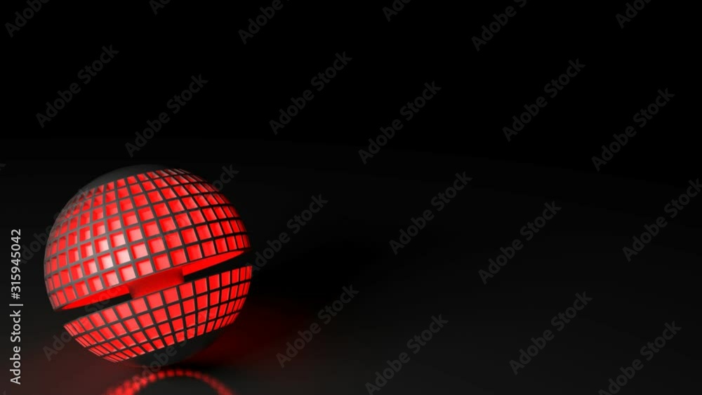 Poster a black sphere with red lighted squares is on a black background and rotates - 3d rendering illustra