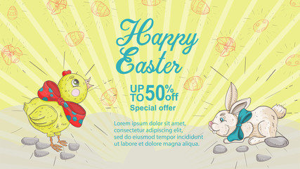 Easter banner 7 discount special offer in the style of childrens Doodle illustration