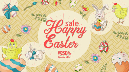 Easter banner 8 discount special offer in the style of childrens Doodle illustration