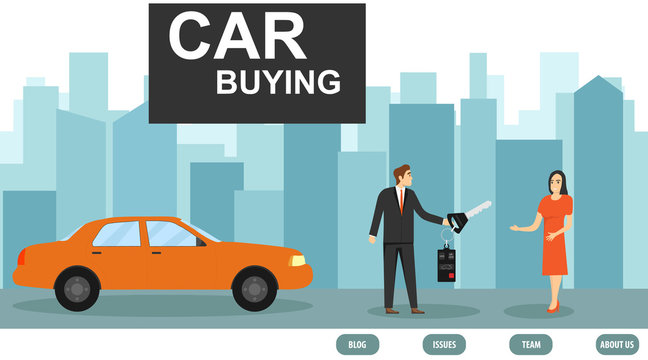 Buying a car. A young woman buys a car. The insurance agent gives the car keys to the buyer. Vector illustration.