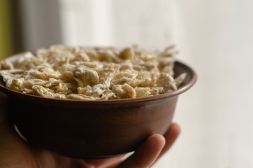 In a hand a plate with dry extruded cereal.