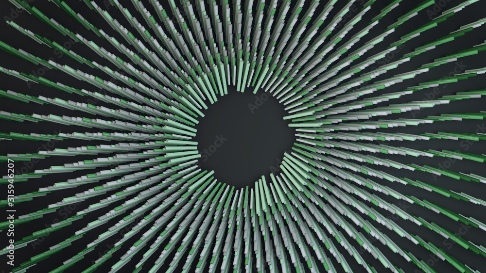 Poster 3d render abstract radial composition with pattern of green and white tubes.