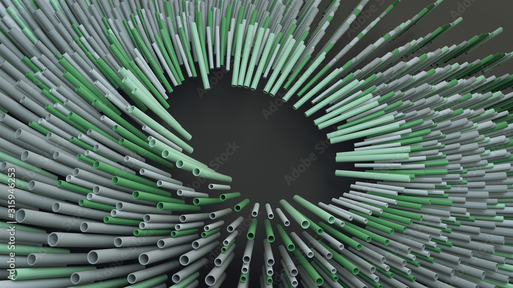 Poster 3d render abstract radial composition with pattern of green and white tubes.
