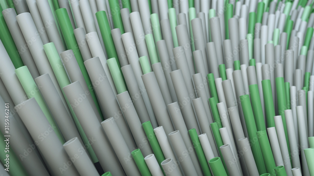 Poster 3d render abstract radial composition with pattern of green and white tubes.