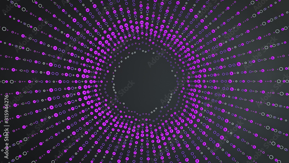 Poster 3d render abstract radial composition with pattern of purple and white toruses.