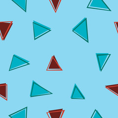A retro seamless pattern with abstract figures in the style of the 90s or 80s for children or baby on a blue background, a vector stock illustration with doodle triangles