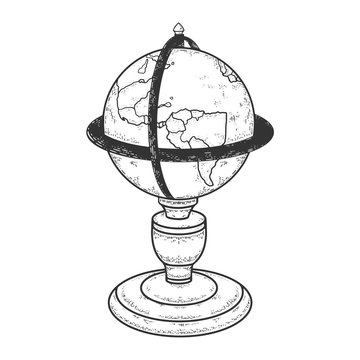 Vintage globe sphere sketch engraving vector illustration. T-shirt apparel print design. Scratch board imitation. Black and white hand drawn image.
