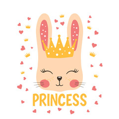 Cute rabbit girl face with crown. Princess slogan. Vector illustration design for t-shirt graphics, fashion prints