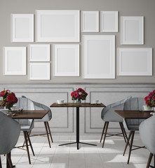 Poster mock up in modern cafe interior background, 3d render