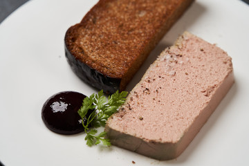 Toasted bread with pate in white plate on dark background with copy space, close-up.