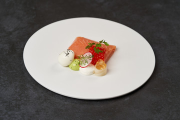 Salmon, trout with quail egg creamy mousse and green mayonnaise