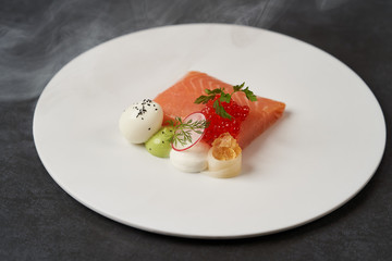 Salmon, trout with quail egg creamy mousse and green mayonnaise