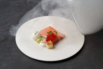 Salmon, trout with quail egg creamy mousse and green mayonnaise