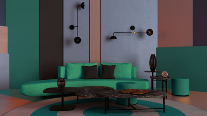 Colorful living room, lounge with teal sofa, coffee table and decors, plaster colored panels, round carpet, wall lamps, background with copy space, expo interior design concept idea
